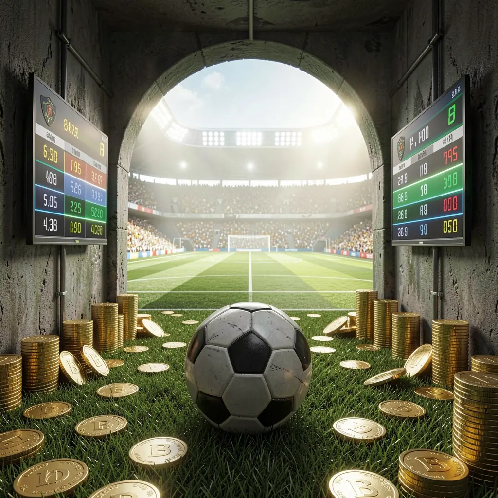 Dramatic stadium tunnel opening to bright soccer field with a soccer ball in the foreground, digital odds graphics and gold coins, showcasing MY8899 football betting platform in a realistic cinematic render Dramatic stadium tunnel opening to bright soccer field with a soccer ball in the foreground, digital odds graphics and gold coins, showcasing MY8899 football betting platform in a realistic cinematic render