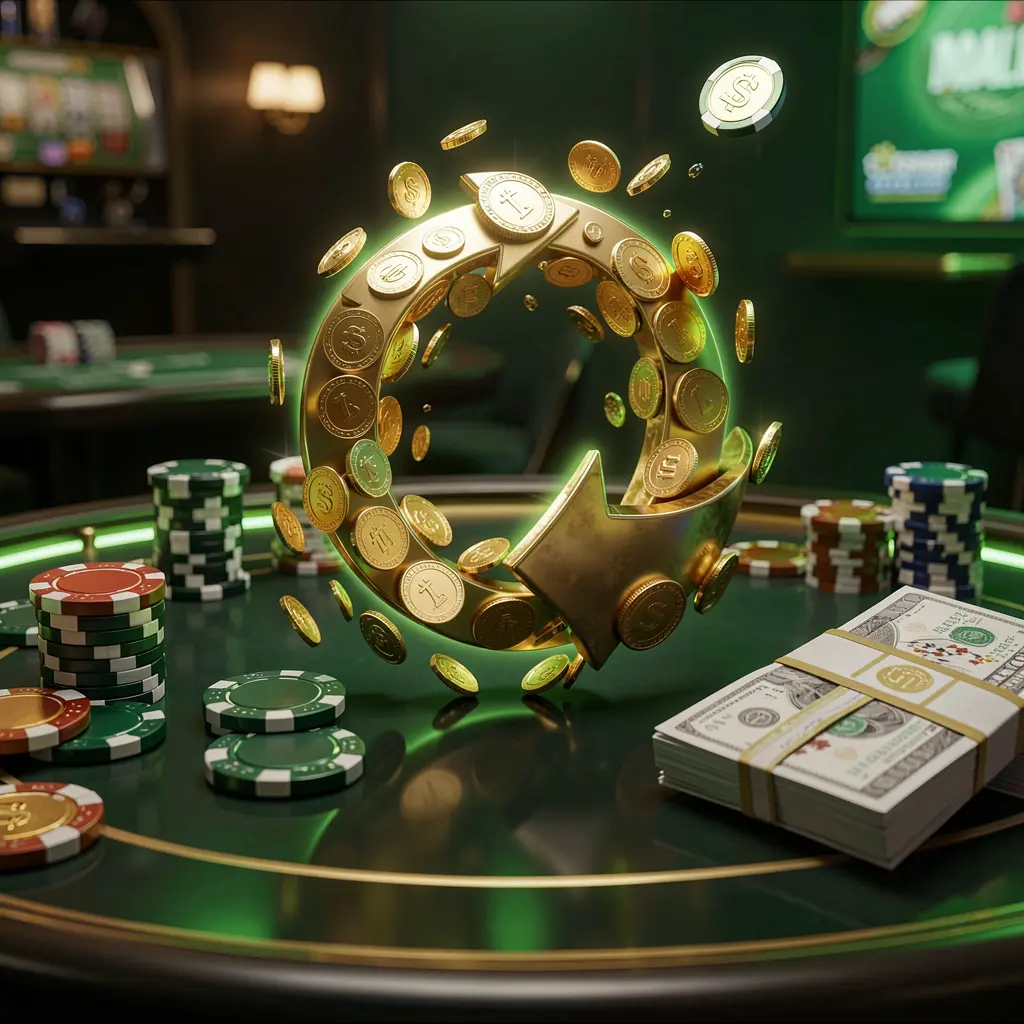 MY8899 casino cashback bonus visual with golden coins returning in a circular arrow motion, poker chips and cash bundles on a glossy dark table with glowing green and gold accents in a premium online casino style MY8899 casino cashback bonus visual with golden coins returning in a circular arrow motion, poker chips and cash bundles on a glossy dark table with glowing green and gold accents in a premium online casino style
