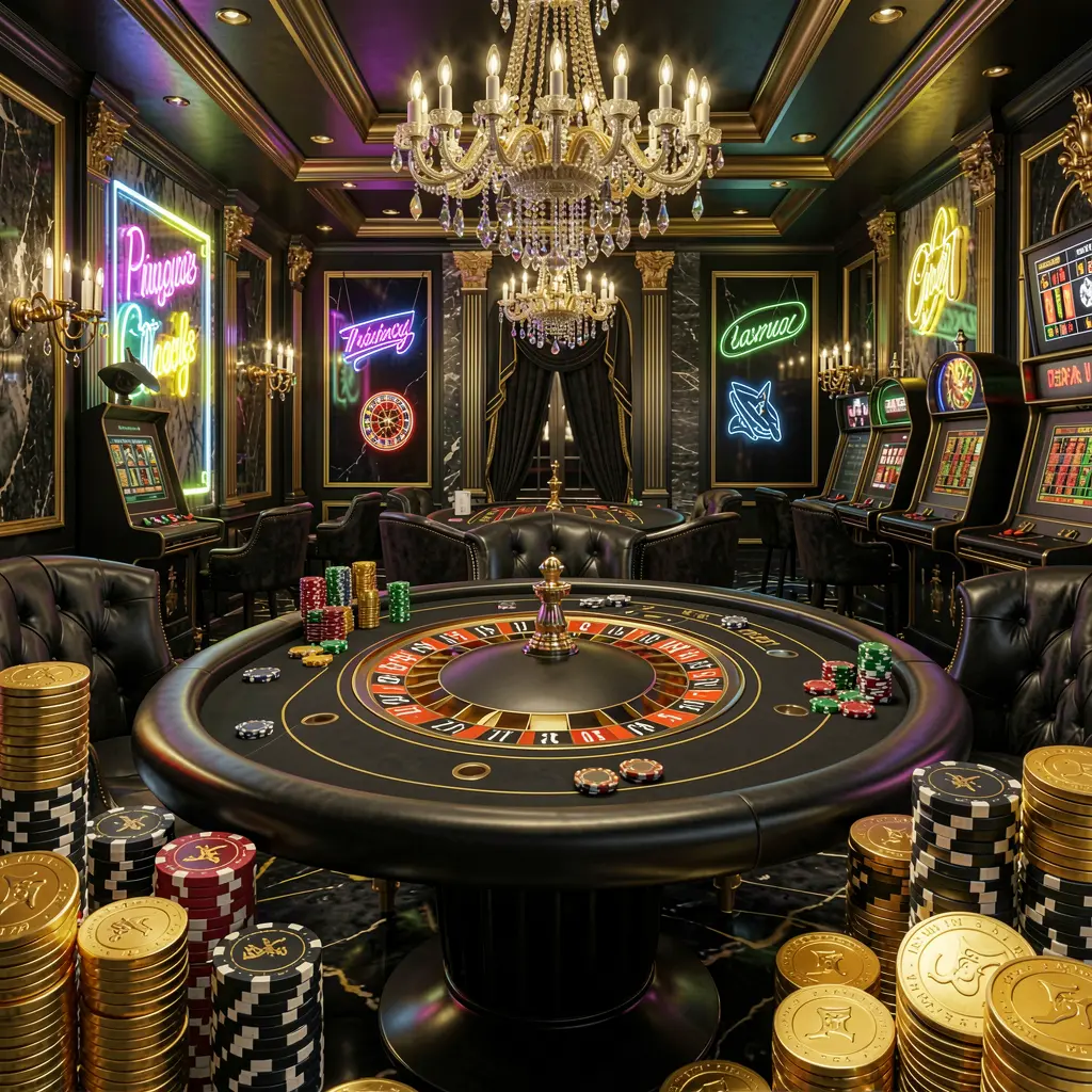 Luxury casino hall with roulette table, poker chips, and golden coins in a premium black and gold atmosphere featuring glowing neon lights, showcasing MY8899 online casino