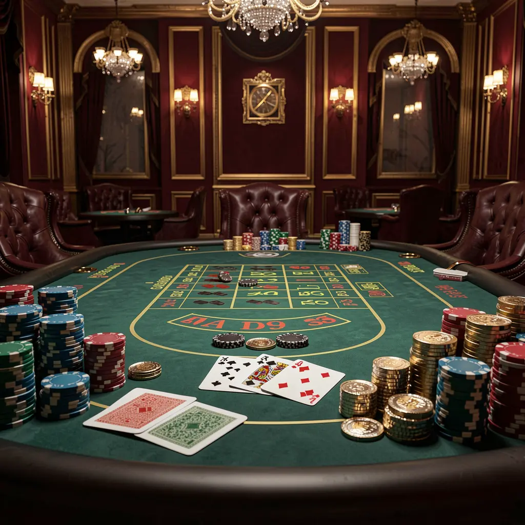 Luxury casino scene featuring a blackjack table with poker cards, stacks of chips, and sparkling coins in a dark red and gold setting, showcasing the MY8899 brand atmosphere