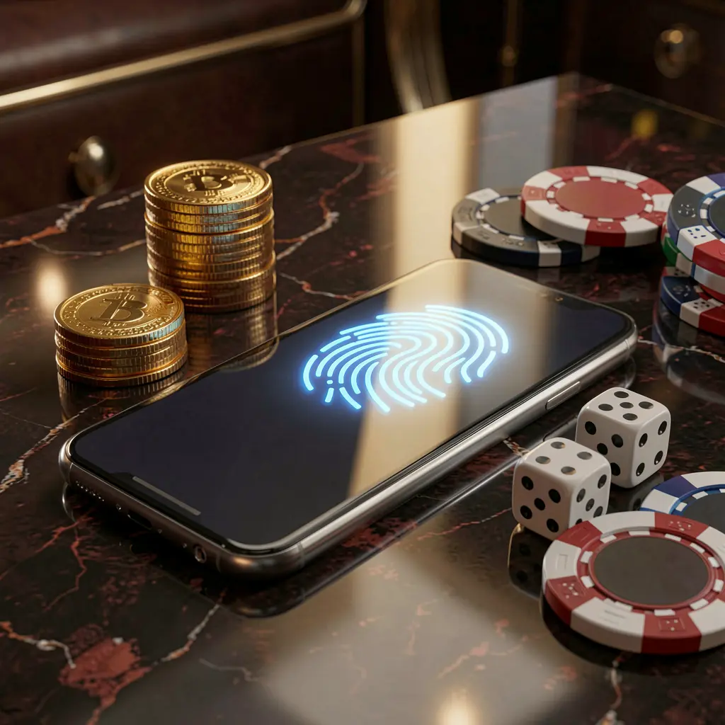 MY8899 online gaming account access scene with smartphone displaying glowing fingerprint icon, golden coins, dice, and poker chips on a glossy table under cinematic lighting