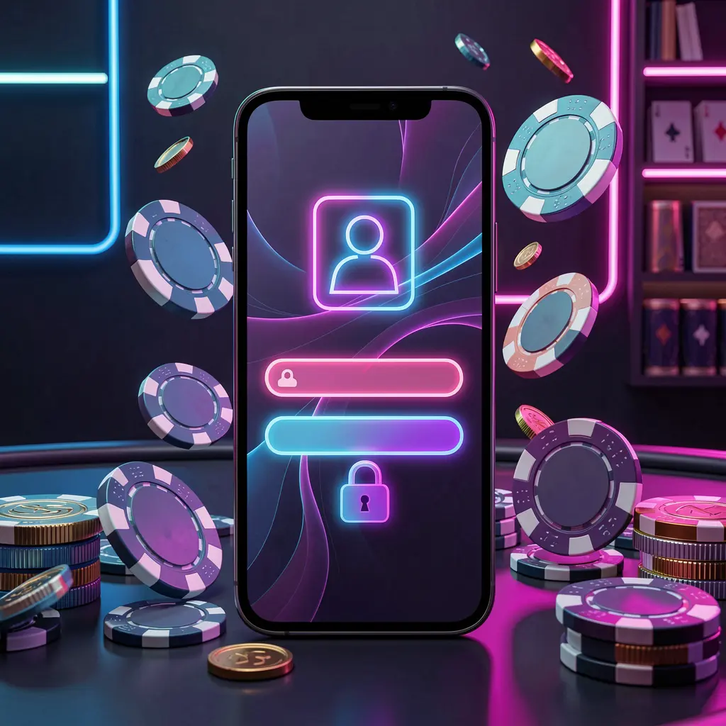 MY8899 mobile gaming login page concept on a smartphone with abstract login interface featuring user and lock icons, surrounded by casino chips and coins under luxury neon lighting
