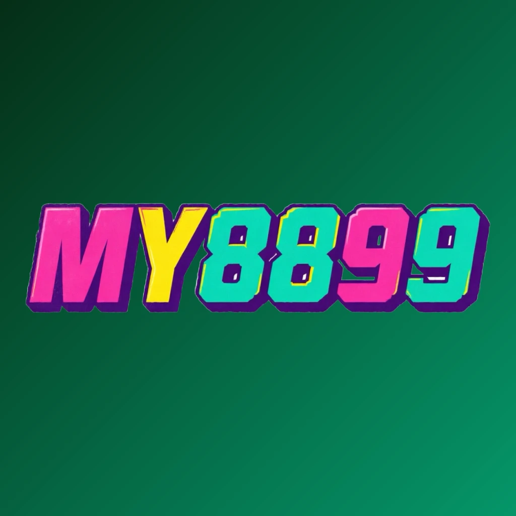 Bold arcade-style MY8899 logo with chunky retro typography in bright pink, turquoise, yellow, and purple colors, creating a vibrant gaming atmosphere on a transparent background
