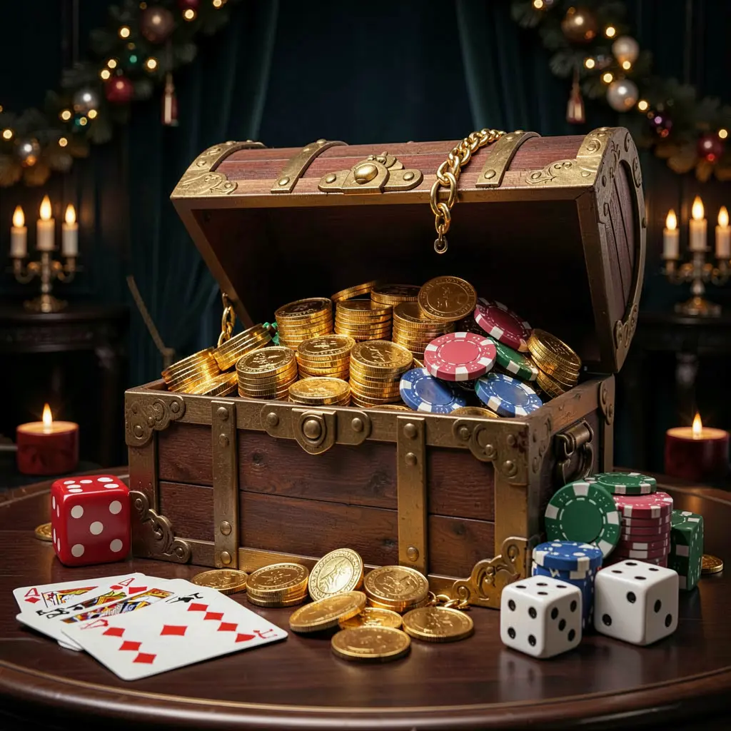 MY8899 online casino welcome banner featuring a treasure chest filled with golden coins and casino chips, playing cards and dice nearby against a dark luxury background creating a festive premium atmosphere